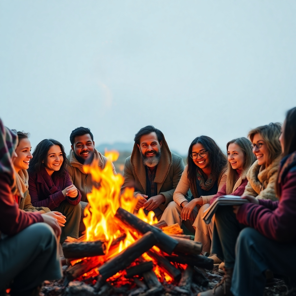 A photorealistic image of a group of people gathered around a campfire, sharing stories and knowledge. The fire is warm and inviting, creating a sense of community and connection. The colors are warm and earthy, emphasizing the importance of human connection. Emphasize diverse faces and expressions.