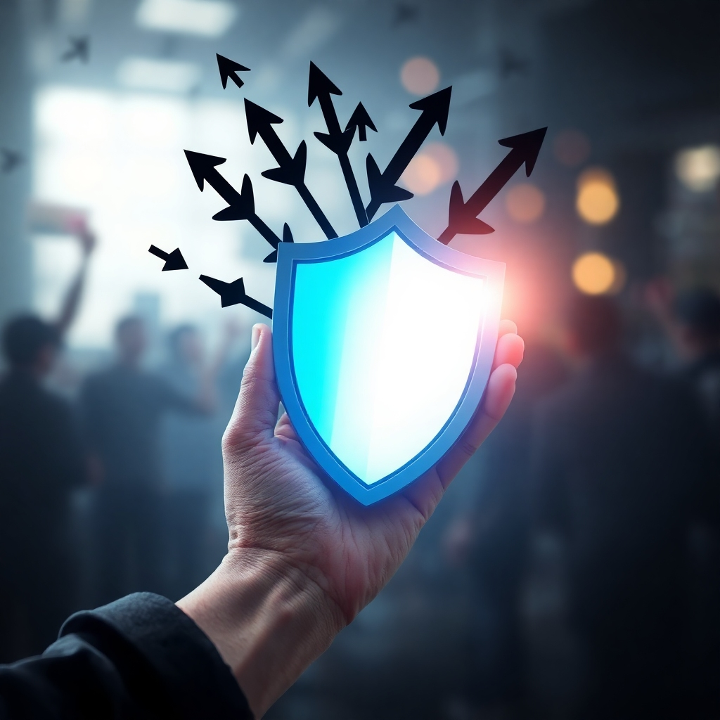 A photorealistic image of a hand holding a shield, deflecting a barrage of threats symbolized by dark arrows. The shield is brightly lit and modern, representing advanced safety measures. The background is blurred and chaotic, emphasizing the dangers of the outside world. The overall feel is one of strength and protection.