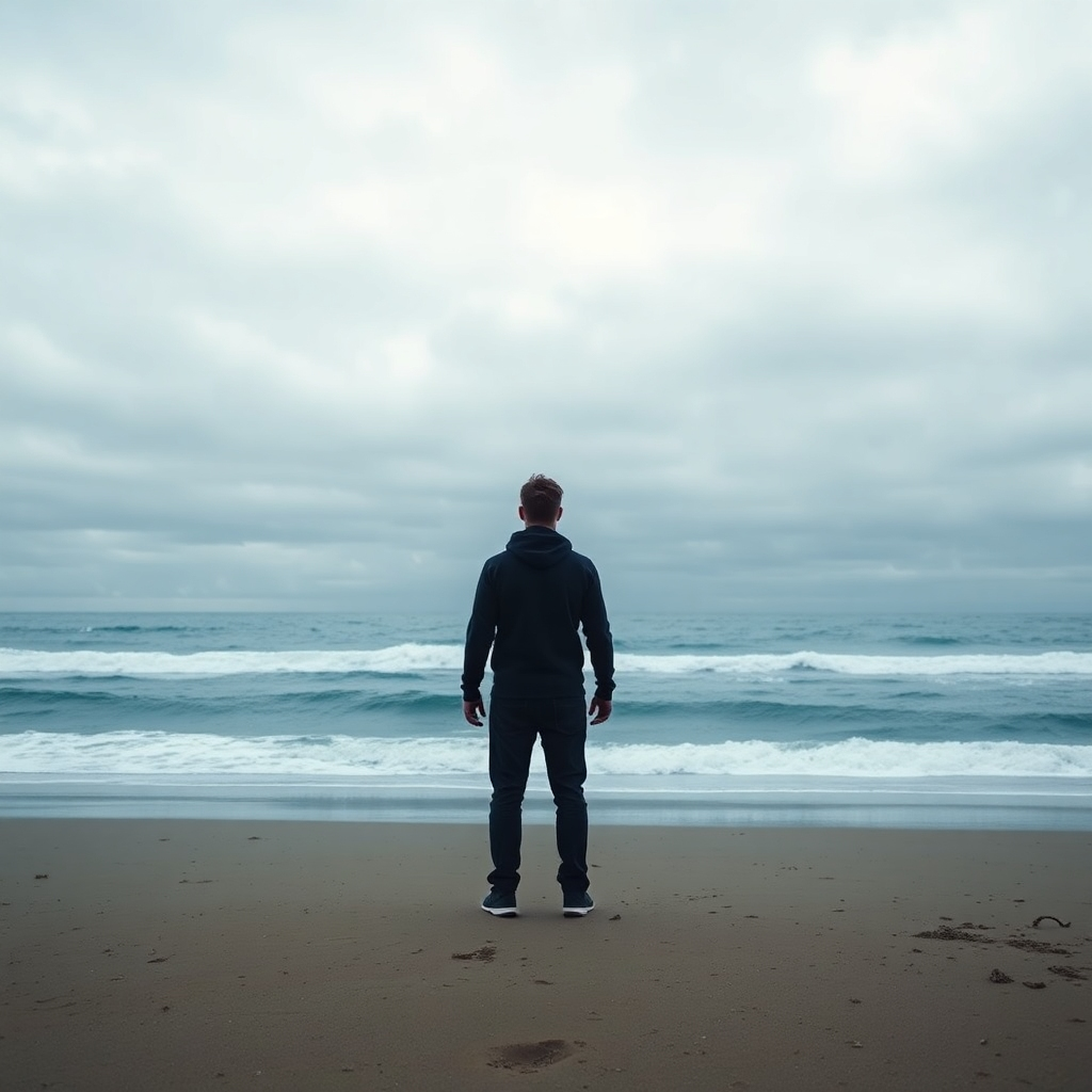 A photorealistic image of a lone figure standing on a desolate beach, gazing out at the vast ocean. The sky is stormy and gray, symbolizing the uncertainty of life. The figure's posture suggests both contemplation and acceptance. The overall feel is one of solitude and freedom, embracing the existential void.