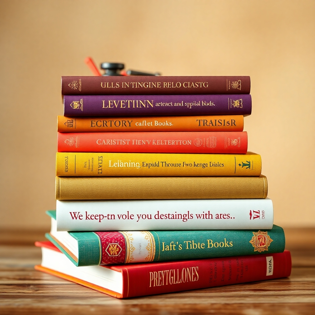 A photorealistic image of a stack of ProtectorBooks™ books, each with unique and eye-catching covers. The books are arranged in an inviting way, suggesting a wealth of knowledge and inspiration. The colors are warm and inviting, creating a sense of comfort and discovery. Focus on realistic textures of paper and book covers.