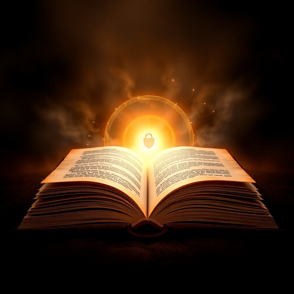 A photorealistic image of an open book with light emanating from its pages, illuminating a dark and dangerous path ahead. The book is filled with symbols of knowledge and protection. The colors are warm and inviting, creating a sense of hope and empowerment. The image should convey the idea that knowledge can light the way and guide us through difficult times.