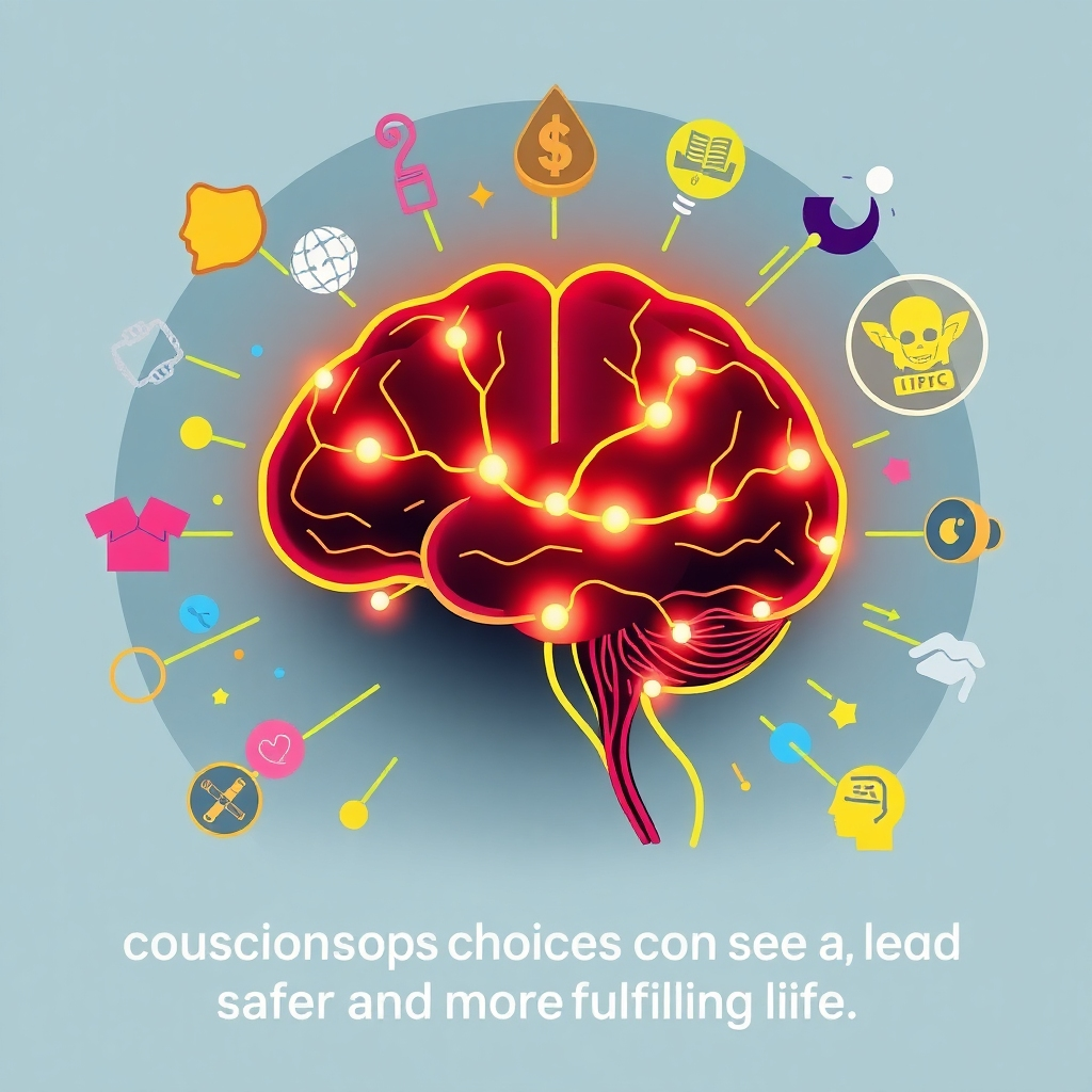A stylized image depicting a brain illuminated with glowing neural pathways, surrounded by symbols of safety and well-being. The colors are vibrant and dynamic, representing the power of conscious thought. The image should convey the idea that conscious choices lead to a safer and more fulfilling life. Use a vector graphic style.