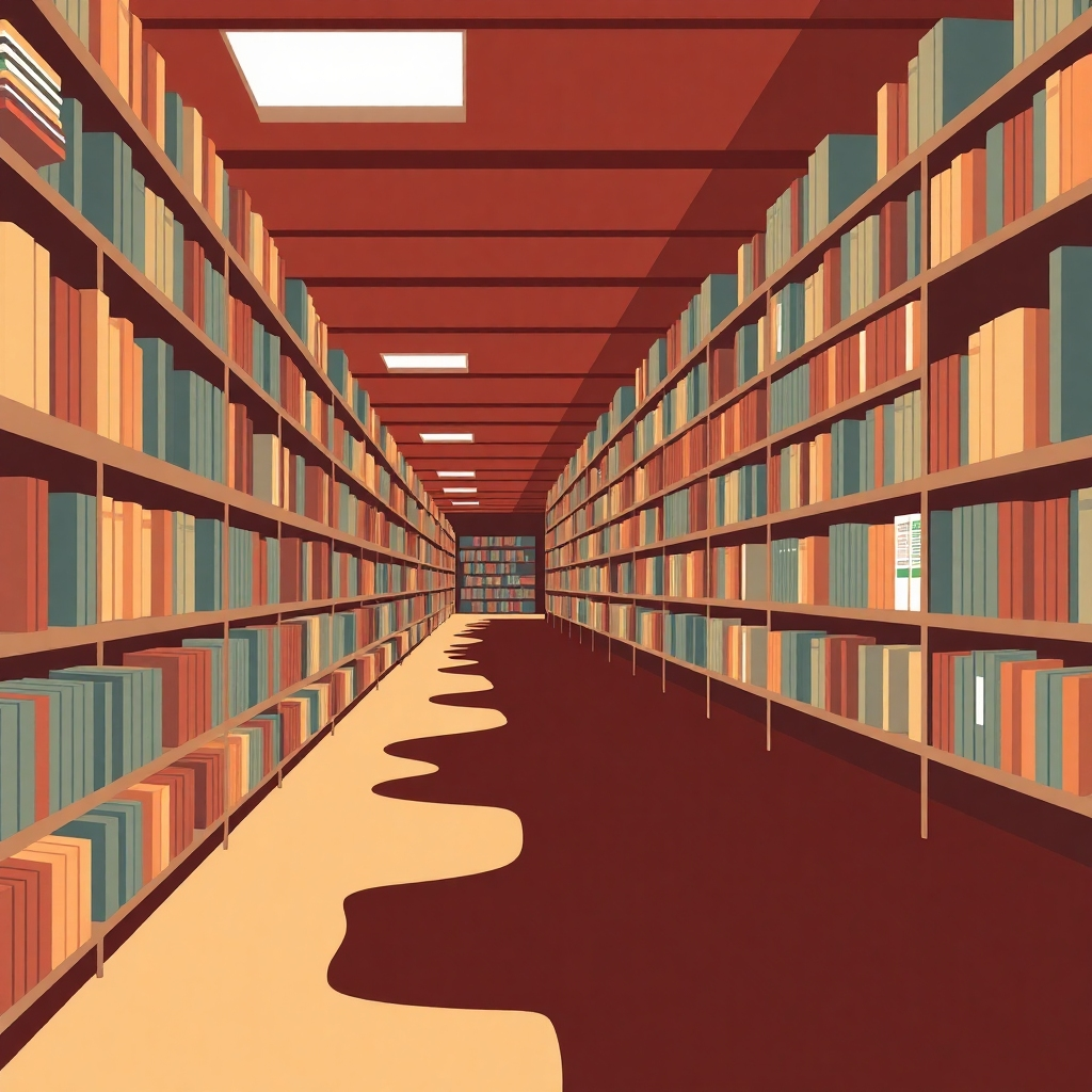 A stylized image depicting a library with endless shelves stretching into the distance. The shelves are filled with books, maps, and other resources. The colors are muted and academic, creating a sense of knowledge and exploration. Use a forced perspective to create a sense of vastness.