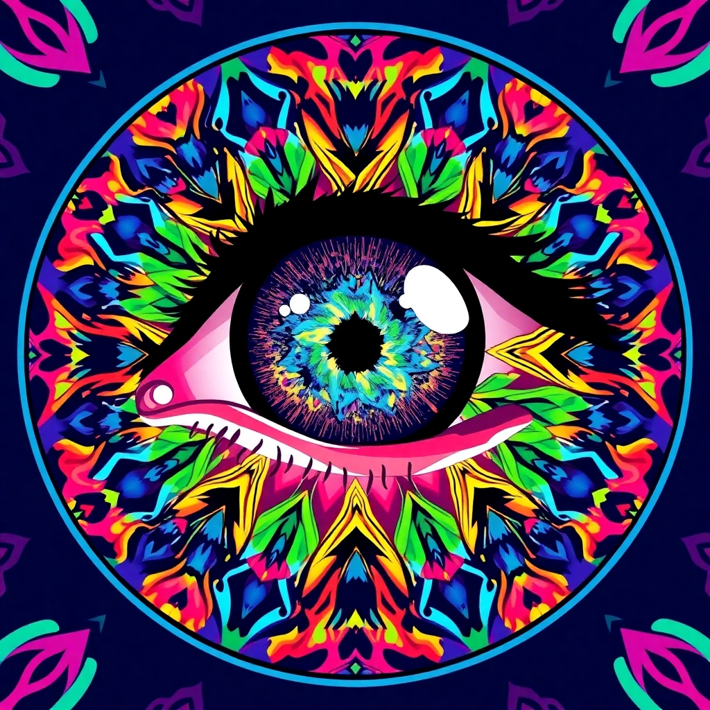 A stylized image depicting an eye looking through a kaleidoscope, revealing a complex and ever-changing world. The colors are vibrant and dynamic, representing the multifaceted nature of reality. The image should convey the idea of seeing the world in a new and insightful way, revealing hidden patterns and connections. Vector graphic style.