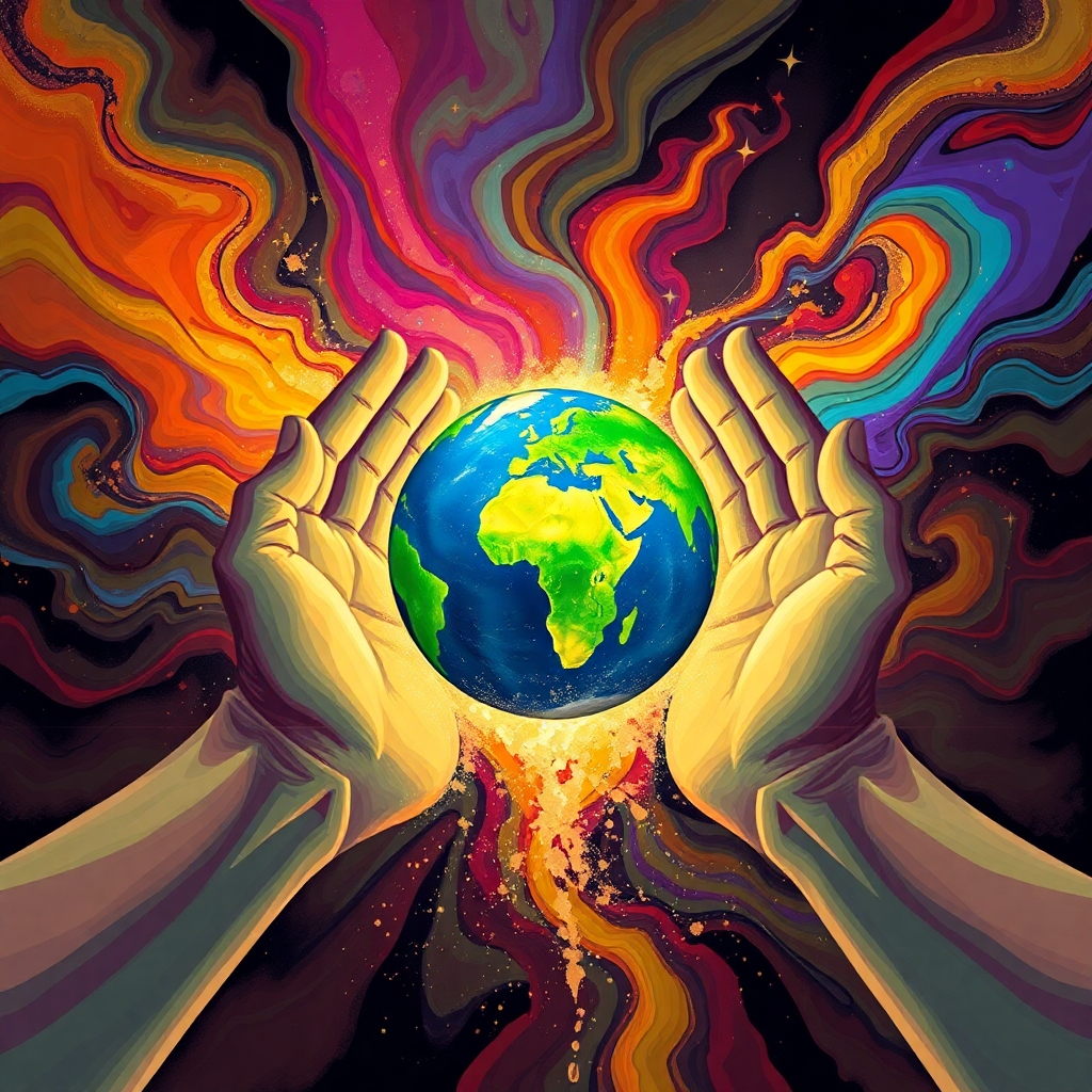 A stylized image representing the Demiurge. A pair of hands reaching out to mold the Earth from cosmic dust. The colors are vibrant and swirling, representing the creative forces of the universe. The image should evoke a sense of power and creation, while also suggesting the responsibility that comes with shaping reality. Use a painterly style.